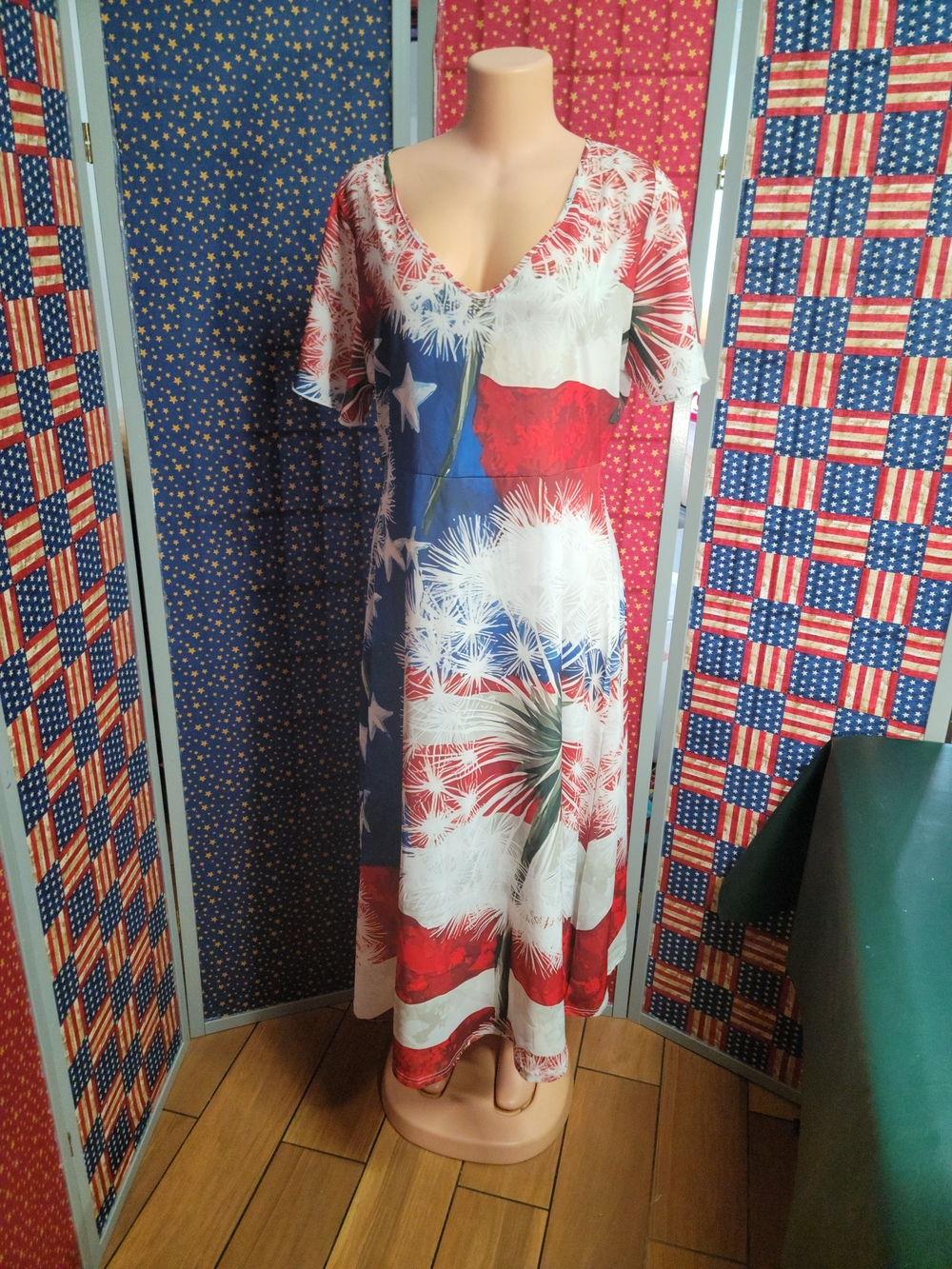 Patriotic Red, White & Blue V-Neck Women’s Dress